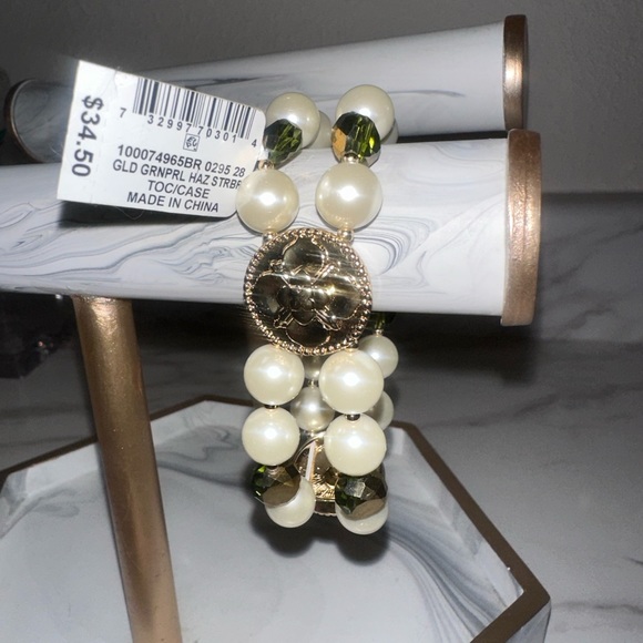 CHARTER CLUB Faux Pearl & Hazel Bead Goldtone Stretch Bracelet - Picture 2 of 3